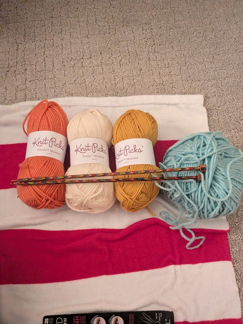 Knit Picks Swish Worsted Yarn Bundle in Coral, Cream, Mustard & Aqua